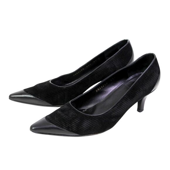Salvatore Ferragamo BLACK REAL LEATHER VELVET MID HEEL CLASSIC PUMP SHOES 8.5C - Picture 6 of 13